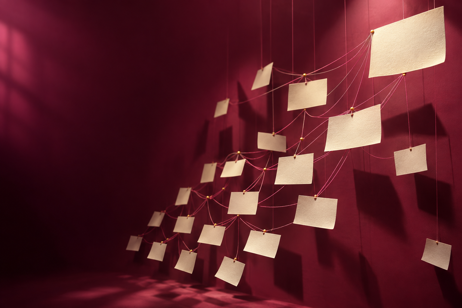 Blank study cards connected by rose threads into a branching path toward a larger goal card